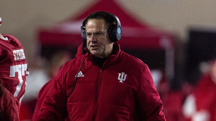 Nov 30, 2024; Bloomington, Indiana, USA; Indiana Hoosiers head coach Curt Cignetti in the first half against the Purdue Boilermakers at Memorial Stadium. Nov 30, 2024; Bloomington, Indiana, USA; Indiana Hoosiers head coach Curt Cignetti in the first half against the Purdue Boilermakers at Memorial Stadium.