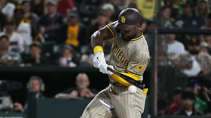 Apr 8, 2025; West Sacramento, California, USA; San Diego Padres outfielder Jason Heyward (22) breaks his bat during the sixth inning of the game against the Athletics at Sutter Health Park. Mandatory Credit: Ed Szczepanski-Imagn Images