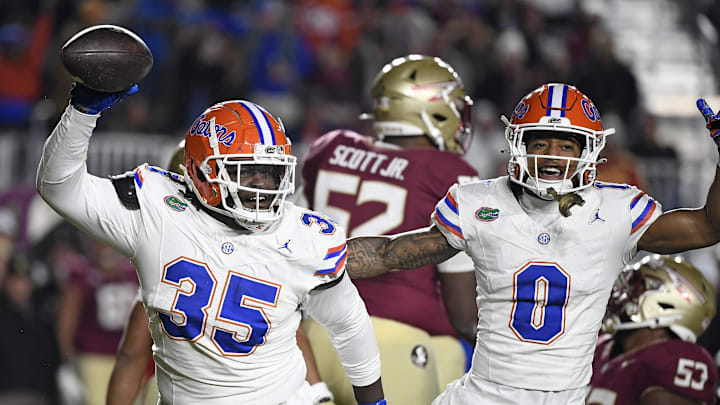 Nov 30, 2024; Tallahassee, Florida, USA; Florida Gators defensive lineman D'Antre Robinson (35) celebrates a fumble recovery during the first half against the Florida State Seminoles at Doak S. Campbell Stadium. Mandatory Credit: Melina Myers-Imagn Images