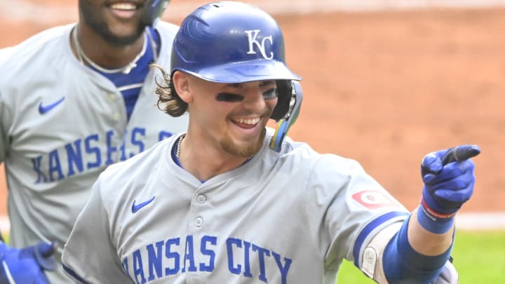 Jun 4, 2024; Cleveland, Ohio, USA; Kansas City Royals shortstop Bobby Witt Jr. (7) celebrates his two-run home run in the third inning against the Cleveland Guardians at Progressive Field. Mandatory Credit: David Richard-USA TODAY Sports Jun 4, 2024; Cleveland, Ohio, USA; Kansas City Royals shortstop Bobby Witt Jr. (7) celebrates his two-run home run in the third inning against the Cleveland Guardians at Progressive Field. Mandatory Credit: David Richard-USA TODAY Sports
