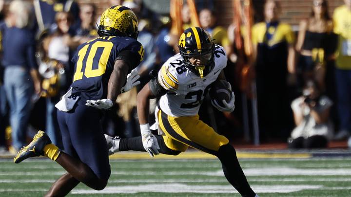 Sep 26, 2026; Ann Arbor, Michigan, USA;  Iowa Hawkeyes running back Kamari Moulton (28) runs against the Michigan Wolverines during the first half at Michigan Stadium.  Mandatory Credit: Rick Osentoski-Imagn Images