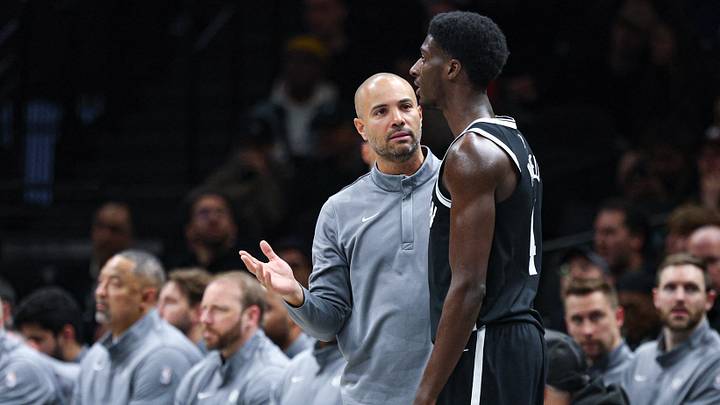 Apr 5, 2026; Brooklyn, New York, USA; Brooklyn Nets head coach Jordi Fernandez talks with guard Drake Powell (4) during the first quarter against the Washington Wizards at Barclays Center. Mandatory Credit: Vincent Carchietta-Imagn Images Apr 5, 2026; Brooklyn, New York, USA; Brooklyn Nets head coach Jordi Fernandez talks with guard Drake Powell (4) during the first quarter against the Washington Wizards at Barclays Center. Mandatory Credit: Vincent Carchietta-Imagn Images