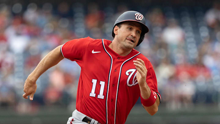 Jul 29, 2021; Philadelphia, Pennsylvania, USA; Washington Nationals first baseman Ryan Zimmerman (11) rounds third base on his way to scoring during the first inning against the Philadelphia Phillies at Citizens Bank Park. Mandatory Credit: Bill Streicher-Imagn Images Jul 29, 2021; Philadelphia, Pennsylvania, USA; Washington Nationals first baseman Ryan Zimmerman (11) rounds third base on his way to scoring during the first inning against the Philadelphia Phillies at Citizens Bank Park. Mandatory Credit: Bill Streicher-Imagn Images