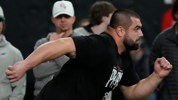Former Georgia offensive lineman Dylan Fairchild (53) runs a drill during UGA Footballs Pro Day in Athens, Ga., on Wednesday, March 12, 2025. Representatives from all 32 NFL teams are on hand to watch former UGA football players in action.