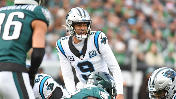 Dec 8, 2024; Philadelphia, Pennsylvania, USA; Carolina Panthers quarterback Bryce Young (9) against the Philadelphia Eagles at Lincoln Financial Field. Mandatory Credit: Eric Hartline-Imagn Images