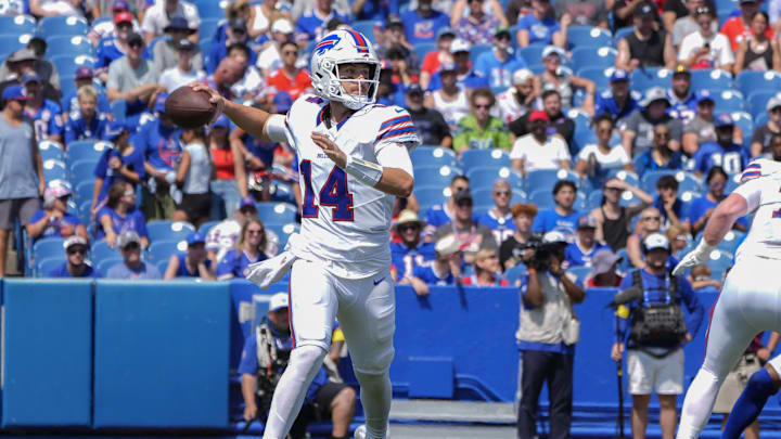 Aug 9, 2025; Orchard Park, New York, USA; Buffalo Bills quarterback Mike White (14) throws the ball against the New York Giants during the second half at Highmark Stadium.