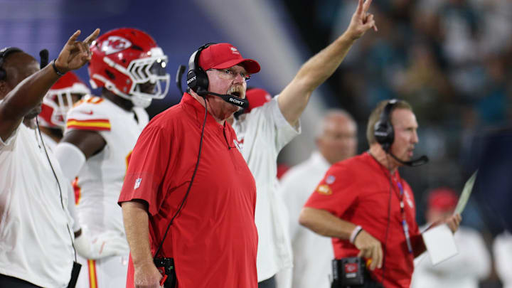 Oct 6, 2025; Jacksonville, Florida, USA; Kansas City Chiefs head coach Andy Reid during the first half against the Jacksonville Jaguars at EverBank Stadium. Mandatory Credit: Nathan Ray Seebeck-Imagn Images