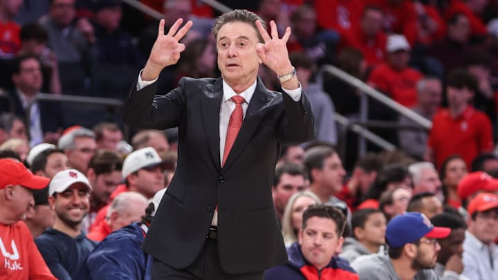 Feb 16, 2025; New York, New York, USA;  St. John's basketball head coach Rick Pitino signals to the team in the first half against the Creighton Bluejays at Madison Square Garden.