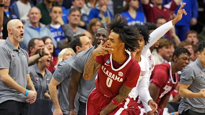 Mar 29, 2025; Newark, NJ, USA; Alabama Crimson Tide guard Labaron Philon (0) celebrates after making a three point basket during the second half against the Duke Blue Devils in the East Regional final of the 2025 NCAA tournament at Prudential Center. Mandatory Credit: Robert Deutsch-Imagn Images