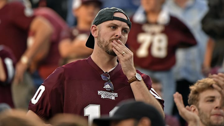 Sep 18, 2021; Memphis, Tennessee, USA; A Mississippi State Bulldogs fan reacts during the second half against the Memphis Tigers  at Liberty Bowl Memorial Stadium. Mandatory Credit: Justin Ford-Imagn Images