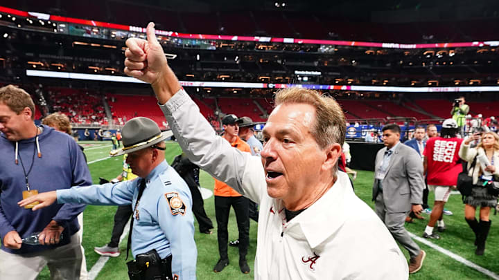 Dec 2, 2023; Atlanta, GA, USA; Alabama Crimson Tide head coach Nick Saban leaves the field after