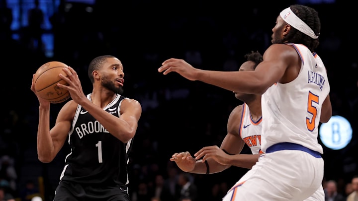 Jan 23, 2024; Brooklyn, New York, USA; Brooklyn Nets forward Mikal Bridges (1) looks to pass the