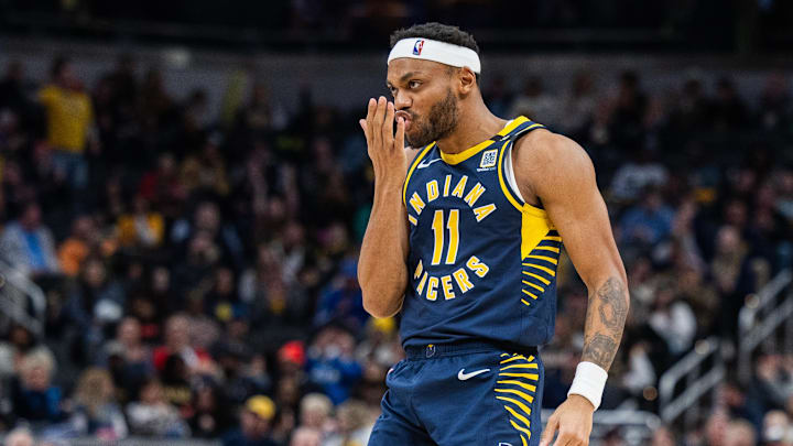 Jan 10, 2024; Indianapolis, Indiana, USA; Indiana Pacers forward Bruce Brown (11) celebrates a made