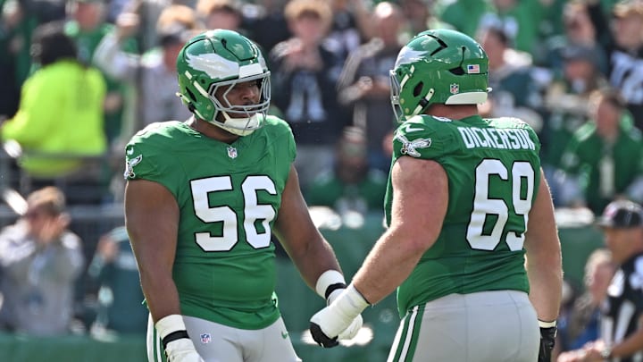Oct 26, 2025; Philadelphia, Pennsylvania, USA; Philadelphia Eagles offensive tackle Tyler Steen (56) and  guard Landon Dickerson (69) against the New York Giants at Lincoln Financial Field.