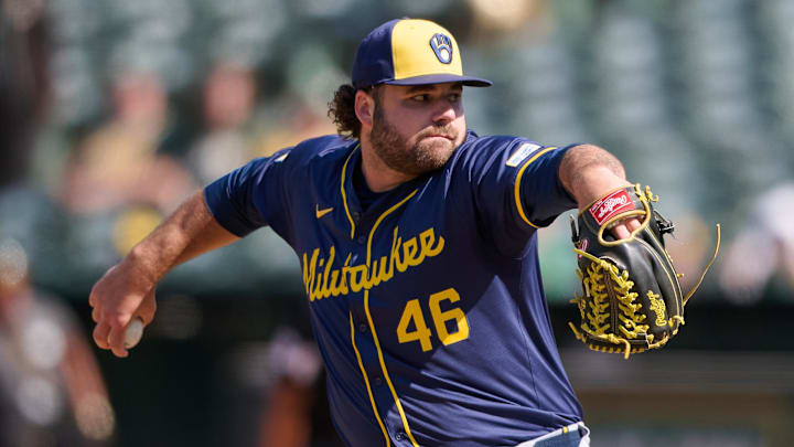 Milwaukee Brewers pitcher Bryse Wilson (46) throws a pitch against the Oakland Athletics during the ninth inning at Oakland-Alameda County Coliseum on Aug 24.