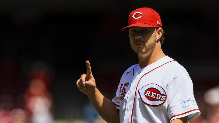 Apr 30, 2026; Cincinnati, Ohio, USA; Cincinnati Reds relief pitcher Emilio Pagan (15) reacts after the victory over the Colorado Rockies at Great American Ball Park. Mandatory Credit: Katie Stratman-Imagn Images