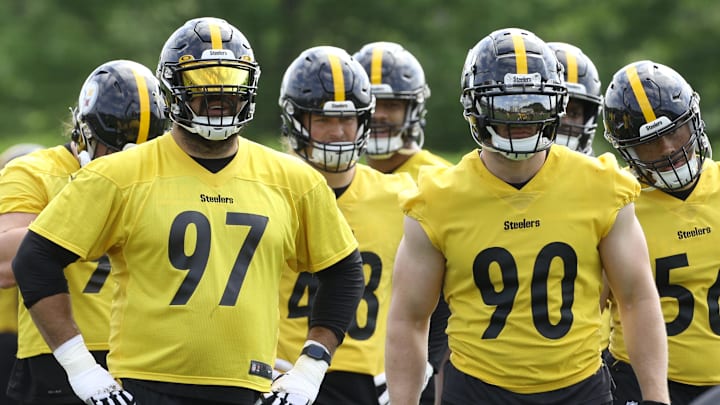 May 24, 2022; Pittsburgh, PA, USA; Pittsburgh Steelers defensive end Cameron Heyward (97) and linebacker TJ Watt (90) participate in organized team activities at UPMC Rooney Sports Complex. Mandatory Credit: Charles LeClaire-Imagn Images May 24, 2022; Pittsburgh, PA, USA; Pittsburgh Steelers defensive end Cameron Heyward (97) and linebacker TJ Watt (90) participate in organized team activities at UPMC Rooney Sports Complex. Mandatory Credit: Charles LeClaire-Imagn Images