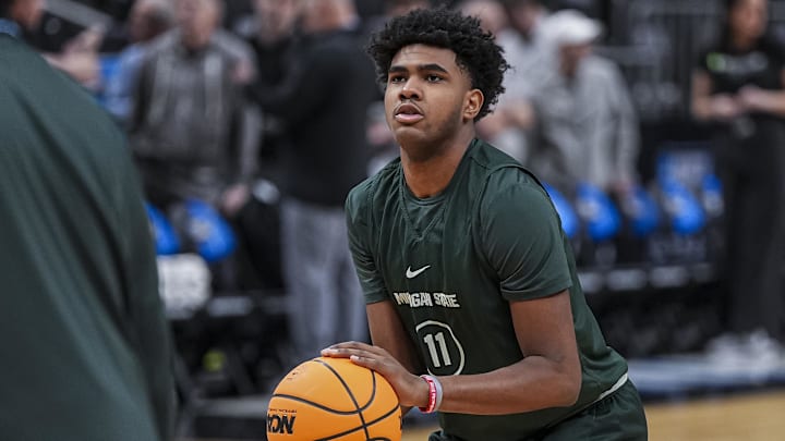 Mar 27, 2025; Atlanta, GA, USA; Michigan State Spartans guard Jase Richardson (11) on the court during practice at State Farm Arena. Mandatory Credit: Dale Zanine-Imagn Images