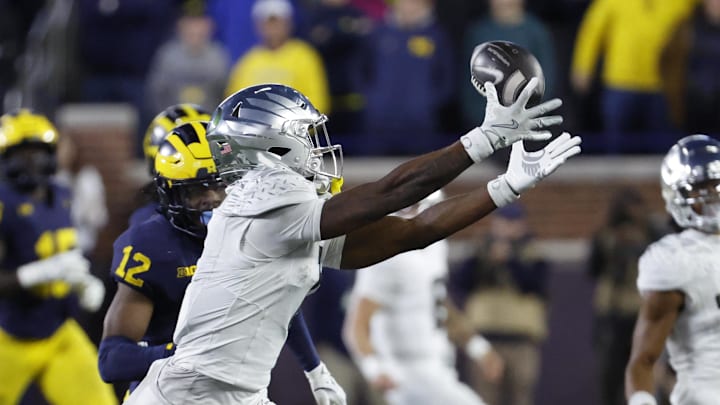 Nov 2, 2024; Ann Arbor, Michigan, USA;  Oregon Ducks wide receiver Traeshon Holden (1) makes a reception in the second half against the Michigan Wolverines at Michigan Stadium. Mandatory Credit: Rick Osentoski-Imagn Images