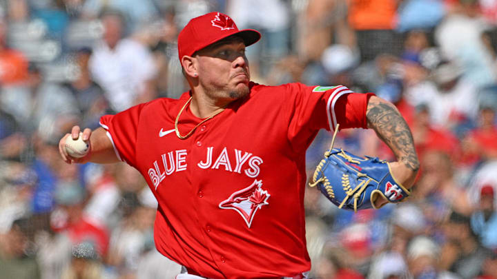 Toronto Blue Jays starting pitcher Yariel Rodriguez (29) delivers a pitch against the Houston Astros in the fourth inning at Rogers Centre in 2024.