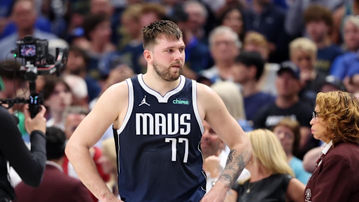 Jun 12, 2024; Dallas, Texas, USA; Dallas Mavericks guard Luka Doncic (77) against the Boston Celtics during the 2024 NBA Finals at American Airlines Center. 