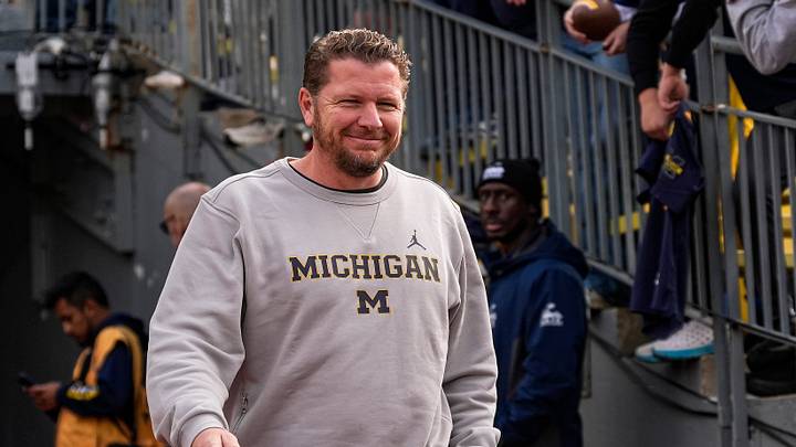 Michigan offensive coordinator Jason Beck walks towards the field ahead of the game between Michigan and Indiana at Michigan Stadium in Ann Arbor on Saturday, Oct. 24, 2026.