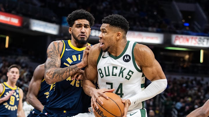 Jan 3, 2024; Indianapolis, Indiana, USA; Milwaukee Bucks forward Giannis Antetokounmpo (34) shoots