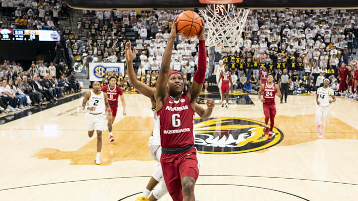 Jan 31, 2024; Columbia, Missouri, USA; Arkansas Razorbacks guard Layden Blocker (6) goes up for a