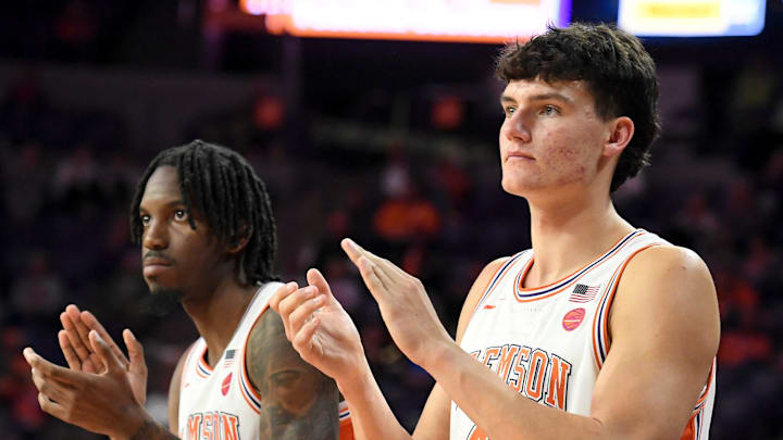 Clemson Tigers forward Dallas Thomas (8) and Clemson Tigers center Trent Steinour (44) react to a Clemson Tigers basket Tuesday, Nov. 11, 2025, during the NCAA men’s basketball game against the Morehead State Eagles at Littlejohn Coliseum in Clemson, South Carolina. Clemson Tigers won 83-56. Clemson Tigers forward Dallas Thomas (8) and Clemson Tigers center Trent Steinour (44) react to a Clemson Tigers basket Tuesday, Nov. 11, 2025, during the NCAA men’s basketball game against the Morehead State Eagles at Littlejohn Coliseum in Clemson, South Carolina. Clemson Tigers won 83-56.