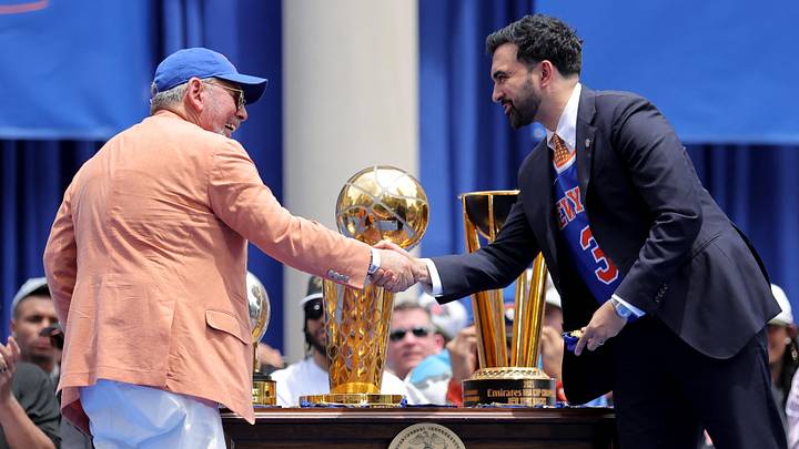 Jun 18, 2026; New York, NY, USA; New York Knicks owner James Dolan shakes hands with New York City mayor Zohran Mamdani during a ceremony at New York City Hall following the Knicks championship parade. Mandatory Credit: Brad Penner-Imagn Images