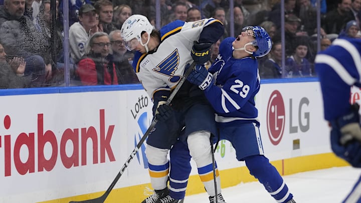 Feb 13, 2024; Toronto, Ontario, CAN; Toronto Maple Leafs forward Pontus Holmberg (29) reacts after