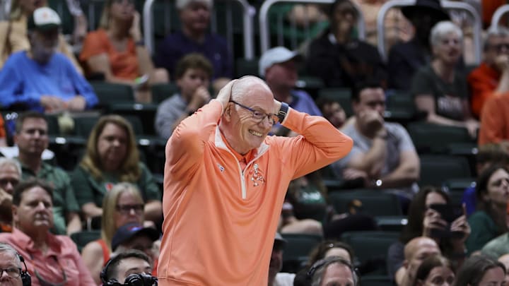 Jan 27, 2024; Coral Gables, Florida, USA; Miami Hurricanes head coach Jim Larranaga reacts against
