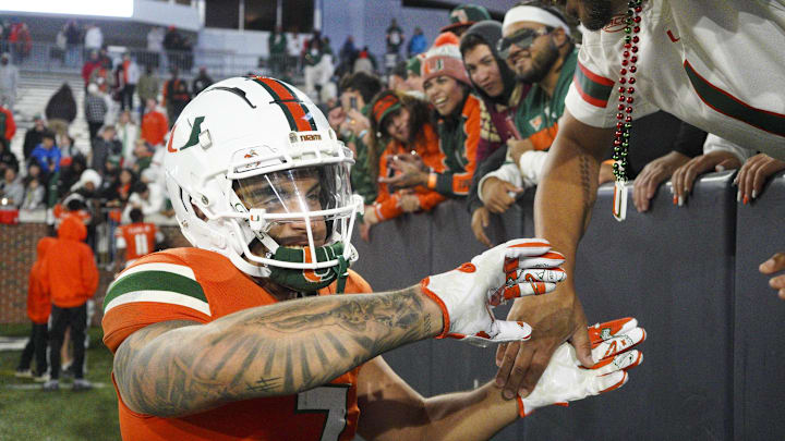 Nov 12, 2022; Atlanta, Georgia, USA; Miami Hurricanes wide receiver Xavier Restrepo (7) celebrates
