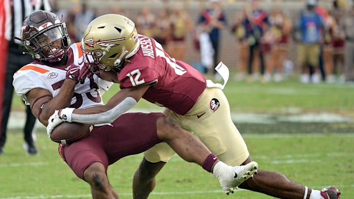 Oct 7, 2023; Tallahassee, Florida, USA; Florida State Seminoles defensive back Conrad Hussey (12)