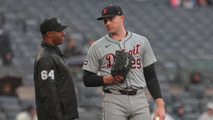 May 5, 2024; Bronx, New York, USA; Detroit Tigers starting pitcher Tarik Skubal (29) talks with umpire Alan Porter (64) during the fourth inning against the New York Yankees  at Yankee Stadium. Mandatory Credit: Vincent Carchietta-Imagn Images