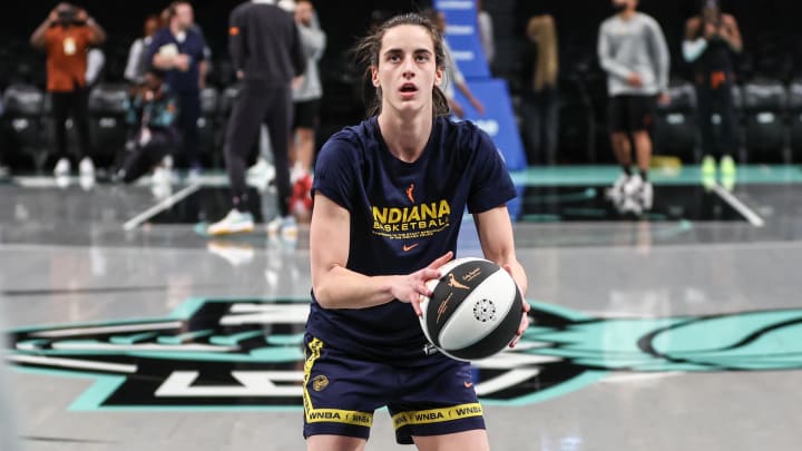 Jun 2, 2024; Brooklyn, New York, USA; Indiana Fever guard Caitlin Clark (22) warms up prior to the game against the New York Liberty at Barclays Center. Mandatory Credit: Wendell Cruz-USA TODAY Sports Jun 2, 2024; Brooklyn, New York, USA; Indiana Fever guard Caitlin Clark (22) warms up prior to the game against the New York Liberty at Barclays Center. Mandatory Credit: Wendell Cruz-USA TODAY Sports