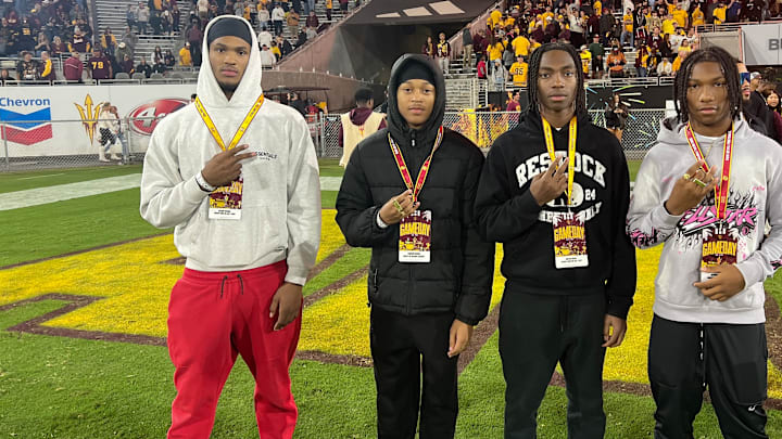 Jalanie George, left, is one of the nation's leading prospects for the 2028 recruiting class. 