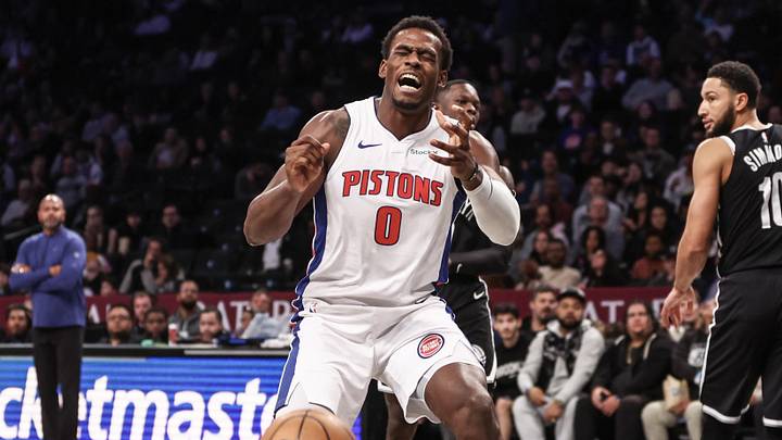 Nov 3, 2024; Brooklyn, New York, USA;  Detroit Pistons center Jalen Duren (0) reacts after committing a turnover in the first quarter against the Brooklyn Nets at Barclays Center. Mandatory Credit: Wendell Cruz-Imagn Images