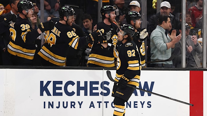 Mar 3, 2026; Boston, Massachusetts, USA; Boston Bruins center Marat Khusnutdinov (92) is congratulated at the bench by right wing David Pastrnak (88) after scoring against the Pittsburgh Penguins during the first period at TD Garden. Mandatory Credit: Winslow Townson-Imagn Images Mar 3, 2026; Boston, Massachusetts, USA; Boston Bruins center Marat Khusnutdinov (92) is congratulated at the bench by right wing David Pastrnak (88) after scoring against the Pittsburgh Penguins during the first period at TD Garden. Mandatory Credit: Winslow Townson-Imagn Images