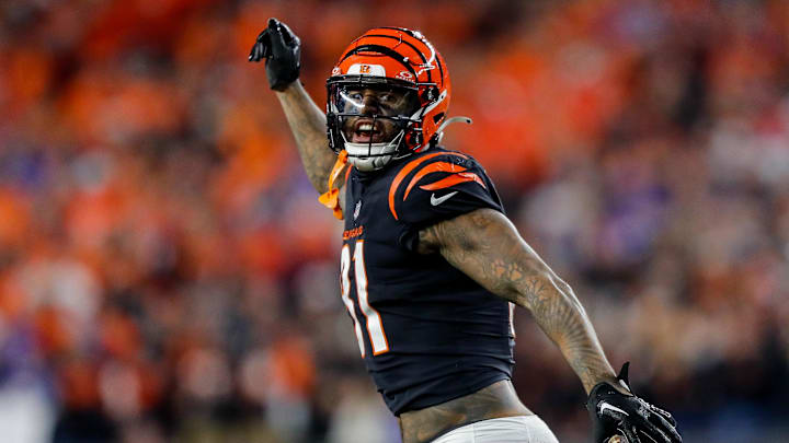 Nov 5, 2023; Cincinnati, Ohio, USA; Cincinnati Bengals tight end Irv Smith Jr. (81) celebrates after scoring a touchdown against the Buffalo Bills in the first half at Paycor Stadium. Mandatory Credit: Katie Stratman-Imagn Images Nov 5, 2023; Cincinnati, Ohio, USA; Cincinnati Bengals tight end Irv Smith Jr. (81) celebrates after scoring a touchdown against the Buffalo Bills in the first half at Paycor Stadium. Mandatory Credit: Katie Stratman-Imagn Images