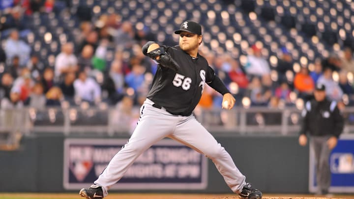 Chicago White Sox starting pitcher Mark Buehrle (56) delivers a pitch in the first inning against the Kansas City Royals at Kauffman Stadium in 2011. Chicago White Sox starting pitcher Mark Buehrle (56) delivers a pitch in the first inning against the Kansas City Royals at Kauffman Stadium in 2011.
