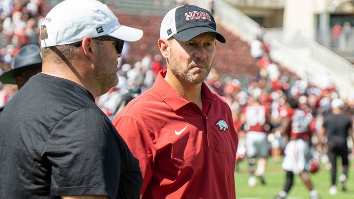Arkansas Razorbacks coach Ryan Silverfield speaks with general manager Gaizka Crowley after his team lost 45-17 to No. 2 Georgia at CommunityAmerica Razorback Stadium on Saturday, Sept. 19, 2026. Arkansas Razorbacks coach Ryan Silverfield speaks with general manager Gaizka Crowley after his team lost 45-17 to No. 2 Georgia at CommunityAmerica Razorback Stadium on Saturday, Sept. 19, 2026.