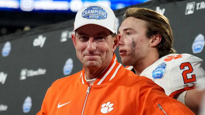 Dec 7, 2024; Charlotte, NC, USA; Clemson Tigers head coach Dabo Swinney celebrates after winning the 2024 ACC Championship game against the Southern Methodist Mustangs at Bank of America Stadium. Mandatory Credit: Jim Dedmon-Imagn Images