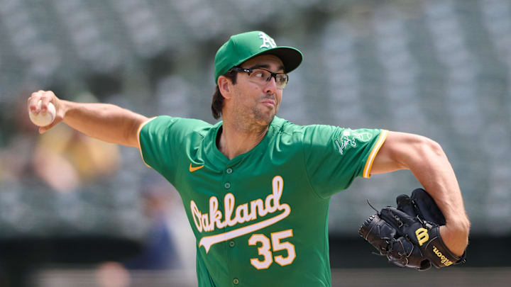 Oakland Athletics starting pitcher Joe Boyle (35) throws a pitch against the Milwaukee Brewers during the first inning at Oakland-Alameda County Coliseum on Aug 24.
