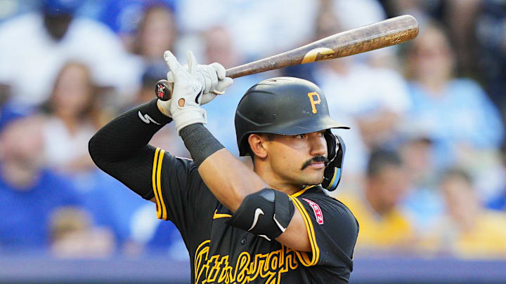 Jul 8, 2025; Kansas City, Missouri, USA; Pittsburgh Pirates second baseman Nick Gonzales (39) bats during the fourth inning against the Kansas City Royals at Kauffman Stadium. Mandatory Credit: Jay Biggerstaff-Imagn Images