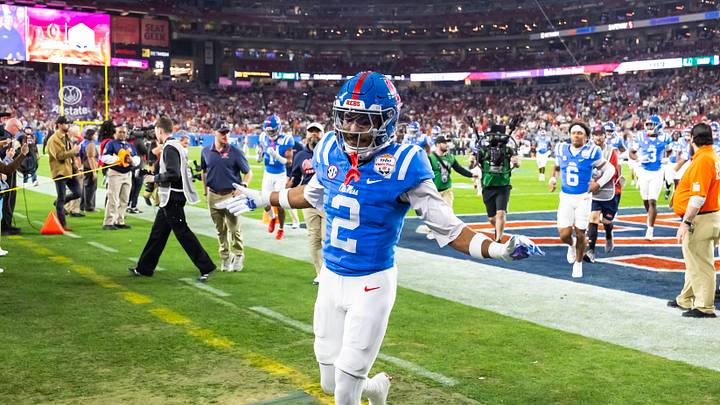 Jan 8, 2026; Glendale, AZ, USA; Mississippi Rebels cornerback Jaylon Braxton (2) against the Miami Hurricanes during the 2026 Fiesta Bowl and semifinal game of the College Football Playoff at State Farm Stadium. Mandatory Credit: Mark J. Rebilas-Imagn Images Jan 8, 2026; Glendale, AZ, USA; Mississippi Rebels cornerback Jaylon Braxton (2) against the Miami Hurricanes during the 2026 Fiesta Bowl and semifinal game of the College Football Playoff at State Farm Stadium. Mandatory Credit: Mark J. Rebilas-Imagn Images