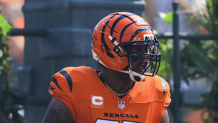 Sep 14, 2025; Cincinnati, Ohio, USA; Cincinnati Bengals offensive tackle Orlando Brown Jr. (75) runs onto the field before the game against the Jacksonville Jaguars at Paycor Stadium. Mandatory Credit: Katie Stratman-Imagn Images