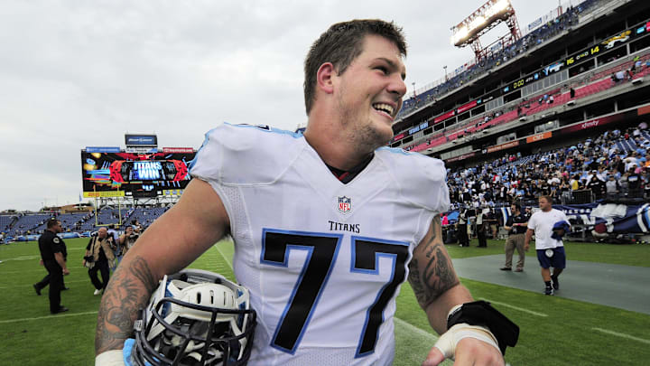 Tennessee Titans rookie offensive tackle Taylor Lewan celebrates their win over the Jacksonville Jaguars.