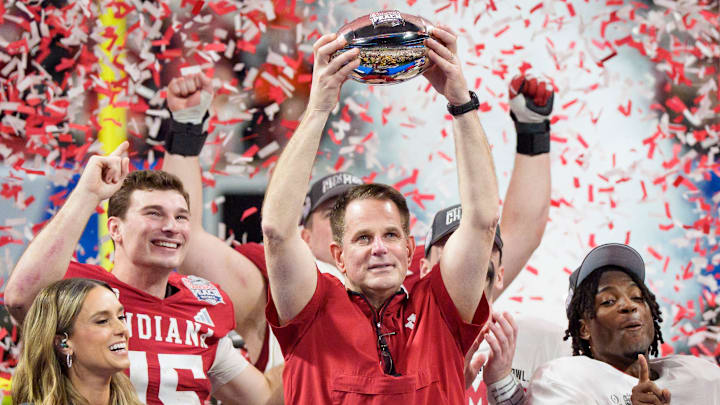 Indiana celebrates its win as the Oregon Ducks face the Indiana Hoosiers in the Peach Bowl on Jan. 9, 2026, at Mercedes-Benz Stadium in Atlanta, Georgia.