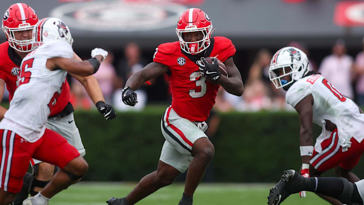 Sep 6, 2025; Athens, Georgia, USA; Georgia Bulldogs running back Nate Frazier (3) runs the ball against the Austin Peay Governors in the third quarter at Sanford Stadium. Mandatory Credit: Brett Davis-Imagn Images